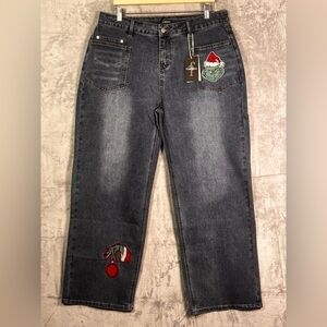 NWT New Flamingals Christmas Grinch Medium Wash Wide Leg Jeans Size 3XL